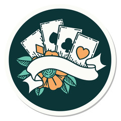 tattoo style sticker of cards and banner