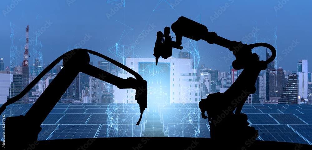 Poster Silhouette of modern automation robot arms with Ai assistant technology network concept and renewable power city building background.