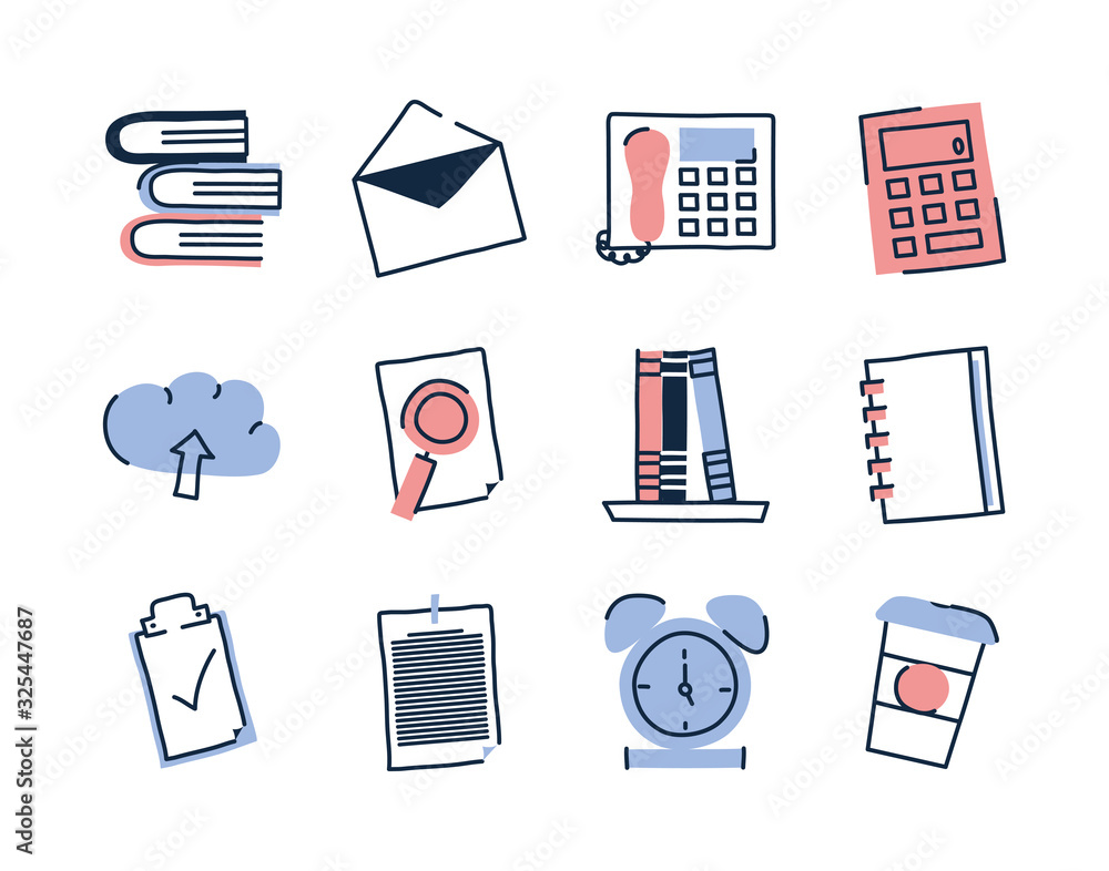 Poster isolated doodle line fill style icon set vector design