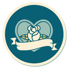 tattoo style sticker of a heart rose and banner