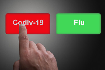 Red and green buttons with Codiv-19 and Flu and pointing finger, on a gray gradient background, on Codiv 19