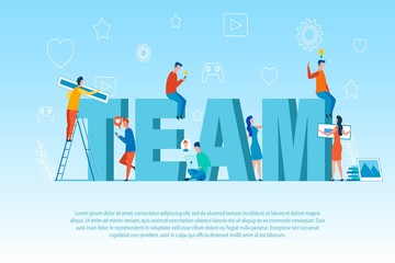 Huge Team Word and People Characters. Advertising Banner with Promotion Text. Developers, Seo Analytics, IT Specialists Working with Social Media Networks Development. Vector Flat Illustration