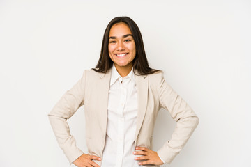 Young woman isolated on a white background confident keeping hands on hips.