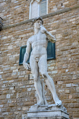 FLORENCE, ITALY - August 19, 2019: Statue of David infront of the palace Palazzo Vecchio