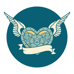 tattoo style icon of a flying heart with flowers and banner