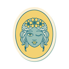 tattoo style sticker of a maiden with crown of flowers winking