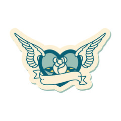 tattoo style sticker of a flying heart with flowers and banner