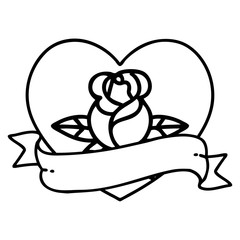 black line tattoo of a heart rose and banner