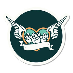 tattoo style sticker of a flying heart with flowers and banner