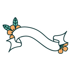 tattoo style icon of a banner and flowers