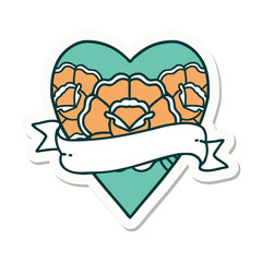 tattoo style sticker of a heart and banner with flowers