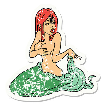 distressed sticker tattoo of a surprised mermaid