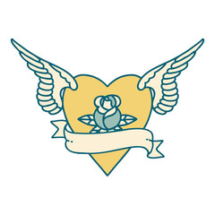 tattoo style icon of a heart with wings a rose and banner