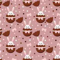 Fototapeten Easter seamless pattern with chocolate broken sweet egg and cute bunny rabbit inside with ribbon, bow and dots. © Irina