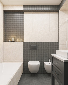 Modern bathroom with dark mosaic tile wall and light stone tile. Сandles on the shelf. 3d 