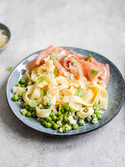 Linguine pasta with white sauce, green peas, Parmesan, prosciutto and fresh mint in a blue plate on grey background.