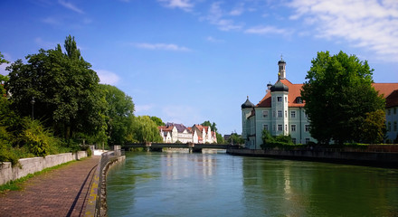 Landshut, Upper Bavaria, Germany - cityscape, promenade along the Isar river