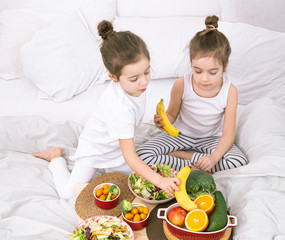 Healthy food, children eat fruits and vegetables.