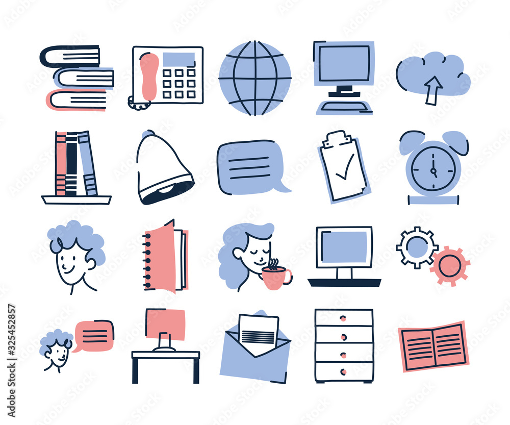 Poster isolated doodle line fill style icon set vector design
