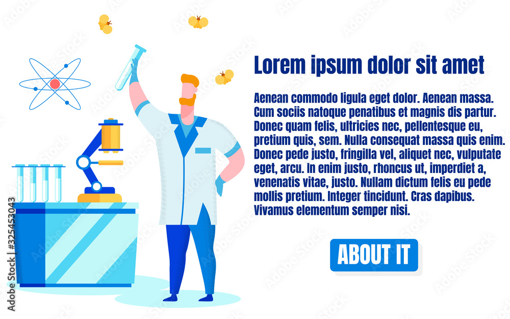 Aufkleber man in lab raises tube up on white background. man in white coat in laboratory. glass test tube in h