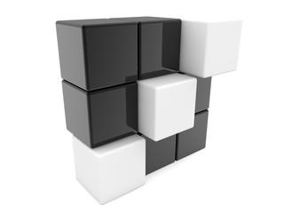 Black toy block construction with white toy blocks in the form of steps