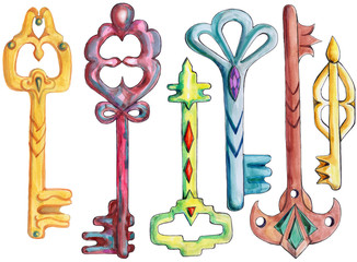 Vintage keys painted in watercolor. Multicolored Isolated objects on a white background.