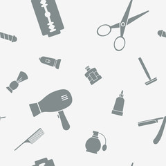 Obraz premium Barbershop - Vector background (seamless pattern) of silhouettes beauty salon for graphic design