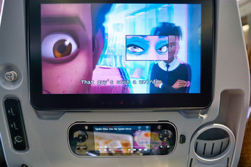 Obraz premium SINGAPORE - CIRCA APRIL, 2019: seat back screen on board of Singapore Airlines Airlines A350.