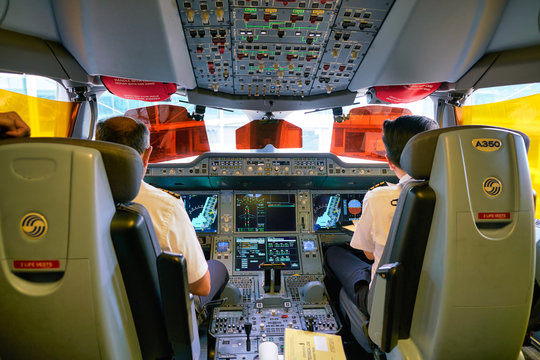 SINGAPORE - CIRCA APRIL, 2019: cockpit of Singapore Airlines Airbus A350.