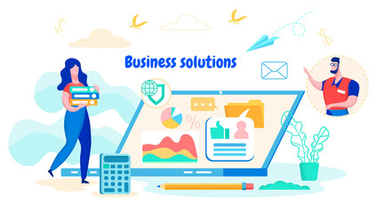 Fototapeta na wymiar Business Solutions. Women with Folders in Hand on Laptop Background. Business Solutions. Optimization of Enterprise. Working Together Teamwork in Team Auditors. Vector illustration. Man Send Email.