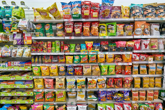 SINGAPORE - CIRCA APRIL, 2019: interior shot of 7-Eleven convenience store in Singapore. A convenience store is a small store that stocks a range of everyday items.