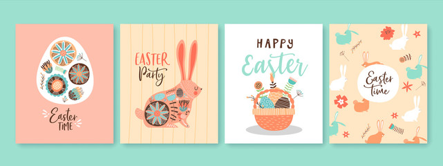 Fototapeta na wymiar Happy easter cute spring rabbit card set