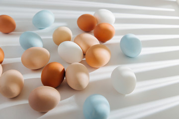 Natural Colored Eggs with morning sunlights. Stylish Compositions in pastel colors.  Easter concept.
