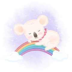 Cute koala sleep on rainbow hand drawn animal watercolor illustration
