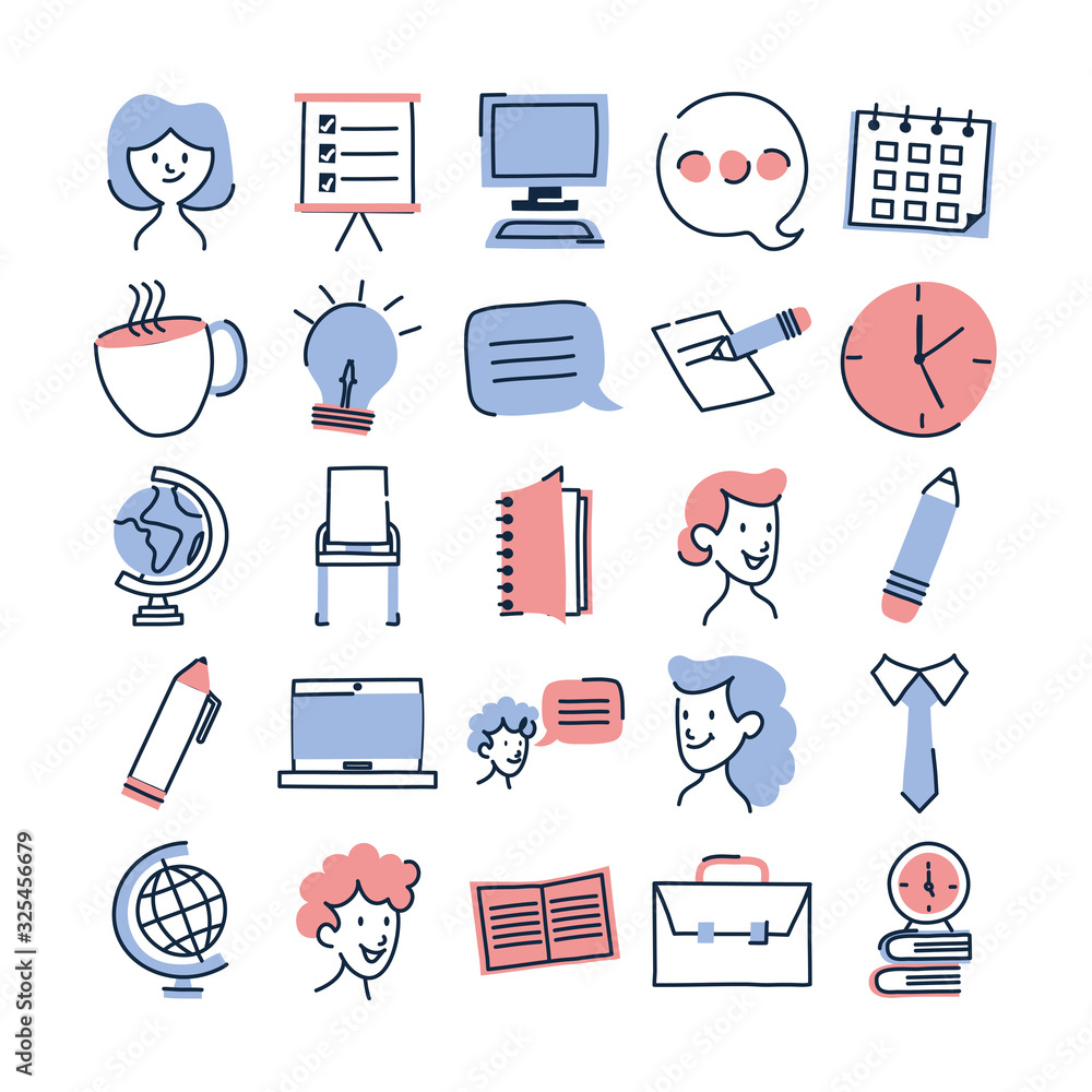 Poster isolated doodle line fill style icon set vector design