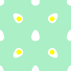 Seamless geometric vector pattern with sliced boiled eggs, halfs of chicken eggs on blue background