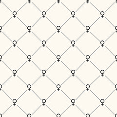 Seamless geometric vector pattern with female gender signs and polka dot. Venus icons background. Woman symbols repeatable illustration in monochrome.