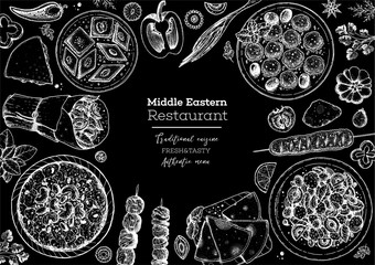 Obraz na płótnie Canvas Middle eastern food top view frame. Food menu design with pita, shawarma, kebab, baklava, meat balls. Vintage hand drawn sketch vector illustration.