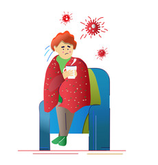 Ill man with flu or virus at home  vector illustration. Flat style cartoon for sickness and bad health of a person