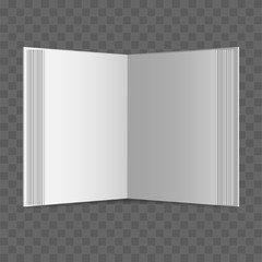 Open book on a transparent background. Realistic blank book. Vector illustration.