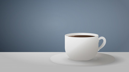 A white cup with coffee stands on a light table. Espresso on a gray background. Picture with space for text. Good for coffee theme. Vector.