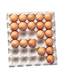 organic chicken eggs in paper packaging isolated on white background, top view.