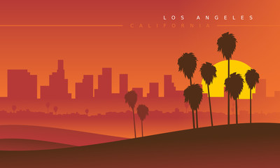 Los Angeles skyline during the sunset, viewed from the distance. Vector illustration. Stylized cityscape. California, USA - obrazy, fototapety, plakaty