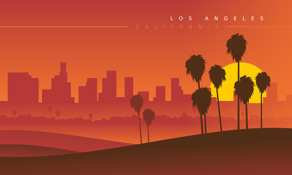 Los Angeles skyline during the sunset, viewed from the distance. Vector illustration. Stylized cityscape. California, USA