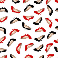 Fashion pattern with red and black heels. Fashion background with heels. Shoes pattern design. Seamless high heels pattern