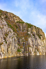 Majestic Lysefjord mountain wall with trees, Norway