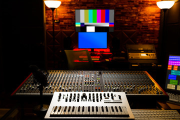 analog keyboard synthesizer in recording, broadcasting, editing studio