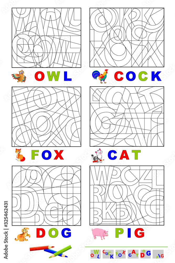 Wall mural logic puzzle game for study english language with maze. find letters and paint them. read the words.