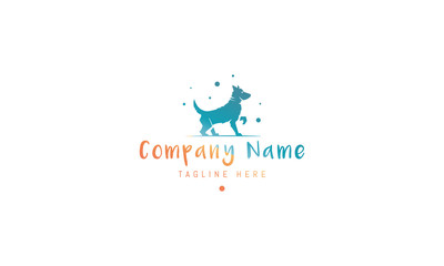 Vector color logo on which an abstract silhouette image of a playing dog.