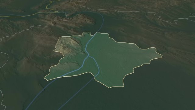 Budapest, capital city with its capital, zoomed and extruded on the relief map of Hungary in the conformal Stereographic projection. Animation 3D